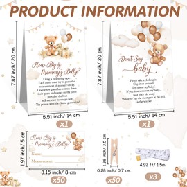 Suzile 105 Pcs Bear Theme Baby Shower Games Include How Big is Mommy's Belly Game Measure Mommy's Belly Sign Don't Say Baby Sign with 50 Mini Clothespins 50 Pcs Guessing Cards 3 Rolls Measuring Tape