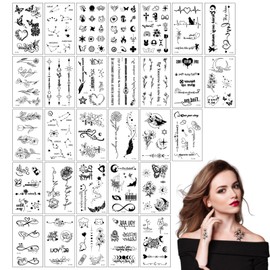 30 sheets Temporary Tattoos for Men,Sheets Tiny Small Temporary Tattoos For Kids Boys Girls,Fake Body Arm Chest Shoulder Black Tiny Tattoos for Men or Women,Flower Butterfly and Mixed Style Body Art
