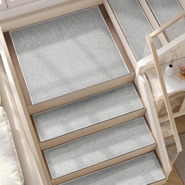 Deerly 15pcs Stairs Treads and 1 Landing Carpet, Breathable Linen Stair Carpet Non Slip for Wooden Steps Peel and Stick Stairs Runner Indoor Self-Adhesive Treads Stair Covers Mat 8"X30" and 30"X30"