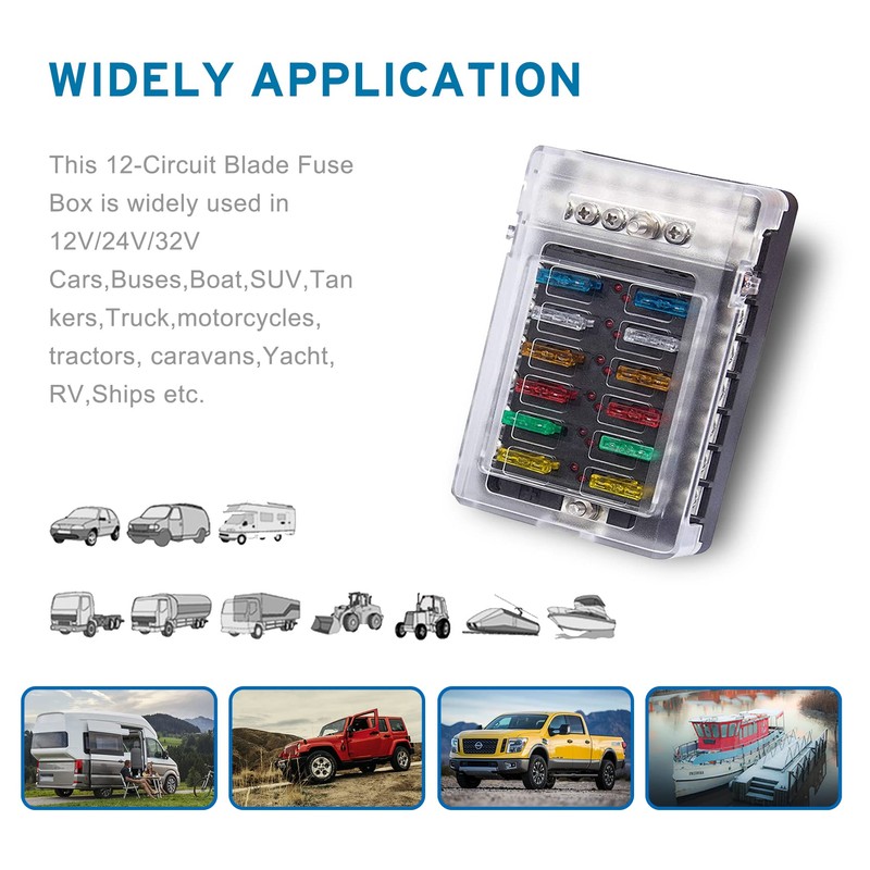 DOCAS 12 Way Fuse Holder with LED Indicator Negative Bus