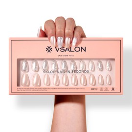 VSALON Short Almond Press-On Nails - 32 PCS Pearl White 3D Design Main Nails in 16 Sizes & 10 PCS Pink Alternative Nails - Fake Nail Kit with UV Glue, Easy Tabs, Nail Glue, Remover (Goddess Glow)