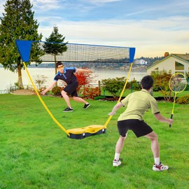 GYMAX Badminton Set, Portable All-In-One Volleyball Net Set with 2 Badminton Rackets, 2 Birdies, Storage Base & Poles, Folding Sports Net Set for Kids Team Game, Indoor & Outdoor Backyard, Beach, Lawn