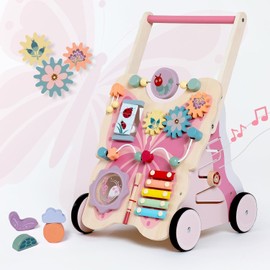 Giant bean Wooden Baby Push Walker for Girls Toddler Kids 1-3 with Activity Center, Pink Butterfly Montessori Learning Push Walker with Wheels, Push Toy Develops Motor Skills & Stimulates Creativity
