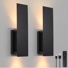 Black Wireless Wall Sconces Set of Two,3000K-6000K Dimmable Battery Operated Wall Sconces with Remote,USB Rechargeable LED Wall Lights for Living Room Bedroom Hallway