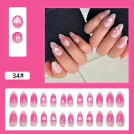 Valentine's Day Press on Nails Medium Almond Fake Nails Pink Blush False Nails With Love Heart Bow Star Designs Glossy Full Cover Stick on Nails Acrylic Valentines Artificial Nails for Women 24Pcs