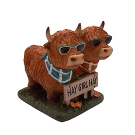 Wowser Sunglass-Wearing Cow Figurine with 'Hay Girl Hay' Sign, Unique 6-Inch Freestanding Farm Decor