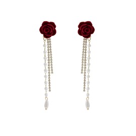 Rose Unique Long Tassel Chain Red Flower Dangle Drop Stud Earrings with White Sparkly Crystal for Women Pearl Dangling Sterling Silver Post Statement Jewelry Gifts Wedding Party Xmas Birthday