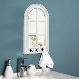 Sintosin Farmhouse Entryway Mirror with 3 Hooks 12 X 20 Inch, Hanging Distressed White Rustic Arched Window Mirrors for Wall Decor, Wood French Country Mirror with Beaded Detailing for Bathroom