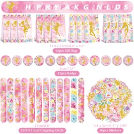 122PCS Fairy Party Favors Set - 50 Stickers, 12 Assemble Stickers, 12 Button Badges, 12 Mini Notepads, 12 Slap Bracelets, 12 Rubber Bracelets, 12 Goodie Bags for Butterfly Birthday Party Supplies
