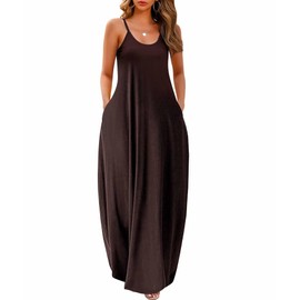Wolddress Womens 2025 Casual Sleeveless Sundress Plus Size Loose Plain Long Summer Beach Maxi Dress with Pockets Dark Brown M