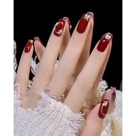 Sheepyo Nail Tip, Red, Long, 24 Pieces, False Nails, Burgundy Red, Cute, Kimono Kimono, Fall/Winter, Fashionable, Simple, Popular, Korean, Cute, Reusable, Bride, Glossy, Coming of Age Ceremony, School