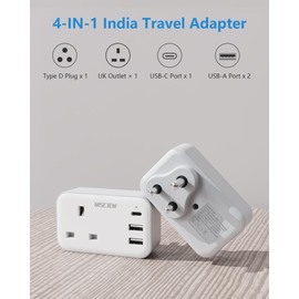 UK to India Plug Adapter with USB, MSCIEN India Type D Travel Plug Adapter, Grounded Charger Travel Adaptor for India, Sri Lanka, Maldives, Pakistan, Nepal, Yemen, Iraq, Burma
