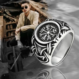 Flongo Men's Ring Thumb Ring Band Ring Men Rings Silver Viking Compass Motorcyclist Biker Retro Men's Accessories, Rustproof