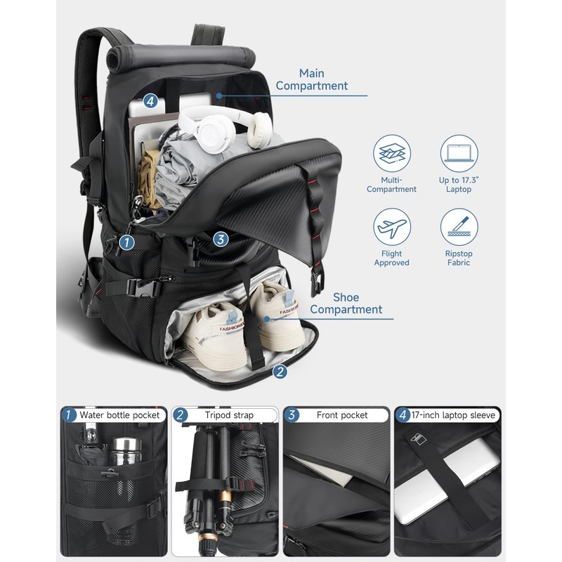 SWICKY Travel Laptop black backpack 50L ，carry on Flight Approved