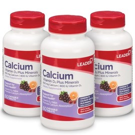 Leader Calcium Vitamin D3 Plus Minerals - Bone Health Supplement with Magnesium, Zinc, and Other Essential Minerals - Supports Strong Bones & Teeth, Enhanced Absorption, 60 Chewable Tablets, Pack of 3