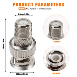 BNC Male to F Female Adapter, KUOQIY BNC to F Connector for RG6 FG59, BNC Male to F Female Coaxial Coupler Plug Adapter for CCTV Camera, Pack of 10