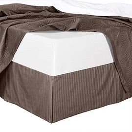 300tc Cotton Stripes Pleated Tailored Bed Skirt with 15 Inches Drop and Split Corners (Queen, Taupe)
