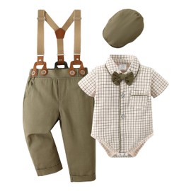 Amissz Baby Boy Gentleman Clothes Suit Infant Formal Long Sleeve Tuxedo Romper Jumpsuit + Suspender Pants + Beret Hat 3pcs Dark green, 12-18 months