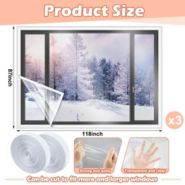 Beeveer 3 Sets 87 x 118 Inch Window Insulation Kit Cuttable Transparent Film with Adhesive Straps Reusable Window Plastic for Patio Winterizing Thicken Warm Winter Waterproof Attic Insulation Cover