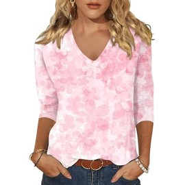 Scgirl Womens 3/4 Sleeve V Neck T-Shirts Floral Printed Cute Tunic Tops Casual Basic Top Pullover (XL,Floral Pink)