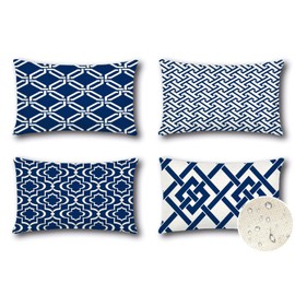 Artscope Set of 4 Waterproof Cushion Covers 30x50cm Farmhouse Geometric Square Pillow Cases for Couch Patio Furniture Balcony Garden Outdoor Decoration（Geometry40-Navy Blue）