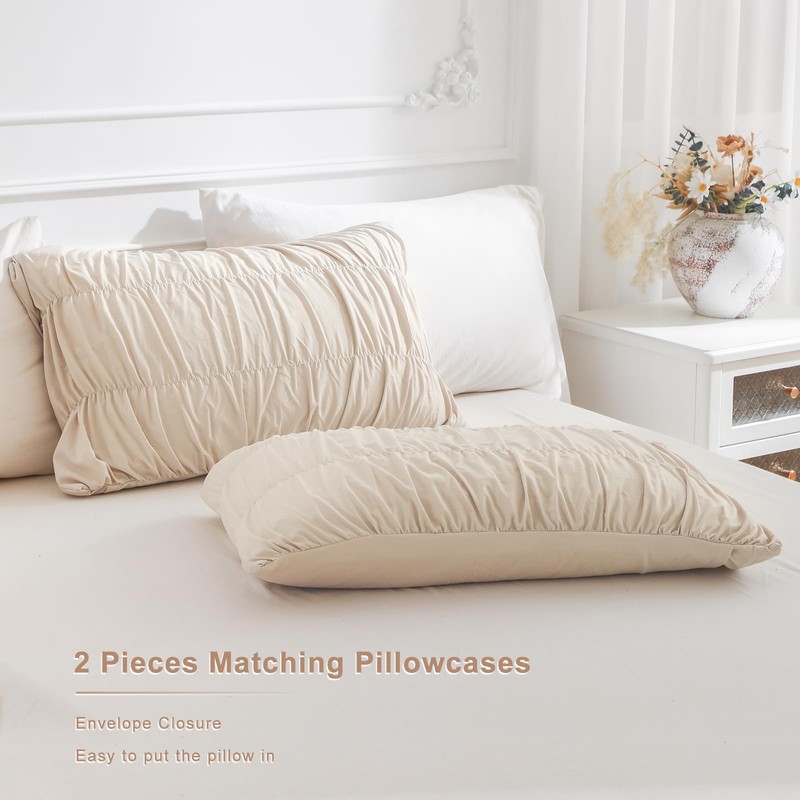Masaca King Size Comforter Set(106"x95"),Wheat Ruched Bedding Comforter,Farmhouse Shabby Boho