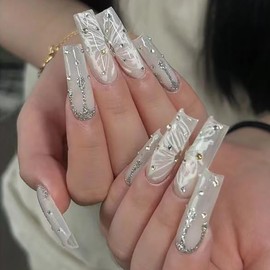RTKHFZE Long Coffin Press on Nails Cute Acrylic Fake Nails Nude Glitter False Nails with Butterfly Pattern Designs Rhinestone Artificial Nails Full Cover Stick on Nails for Women 24Pcs
