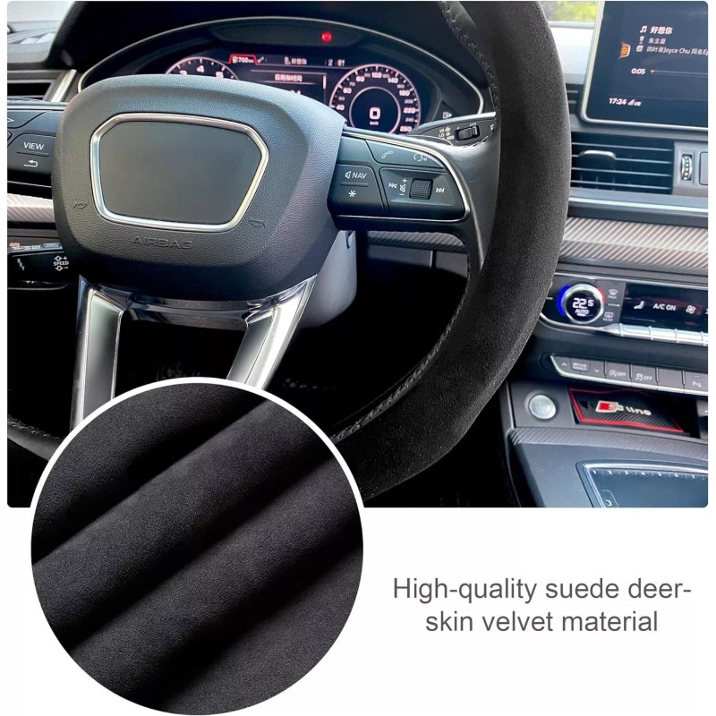 Carodi High Quality Suede Steering Wheel Cover Black Red Luxury