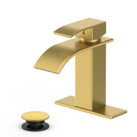 Ryuwanku Bathroom Faucet Brushed Gold Modern Waterfall Bathroom Sink Faucet with Single Handle Suitable for 1 or 3 Holes,Supply Deck Plate and Hose…