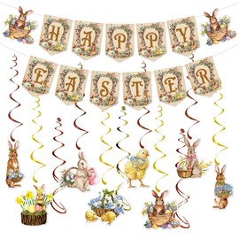 EchoDone Happy Easter Banner Bunny Banner Easter Garland for Indoor Outdoor Home Mantel Chicken Rabbit Flower Spring Hanging Decorations Party Supplies