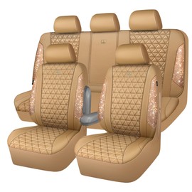 CAR PASS Bling Diamond Beige Leather Car Seat Covers Full Sets Interior Set, Waterproof Shining Glitter Sparkly Crystal Universal Armrest Fit for Automotive Truck SUV Cute Women Girl, Beige Rhinestone