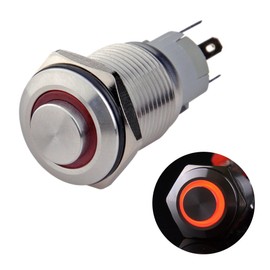 Ulincos U16F2 Alternate Push Button Switch Waterproof Switch Switch Switch IP67 1NO1NC SPDT ON/OFF Silver Stainless Steel 12V Red LED 16mm (Red) with Coupler