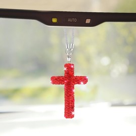 ZIMISI Bling Cross Car Hanging Ornament, Crystal Rhinestone Car Rearview Mirror Pendant for Women, Diamond Rear View Mirror Charm Present, Universal Vehicle Interior Decoration Accessory (Red)