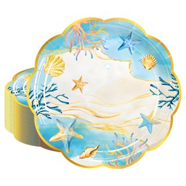 40 Pcs Coastal Sea Shell Paper Dessert Plates – 7 Inch Scalloped Gold Rim Disposable Plates with Starfish and Coral Design for Beach Party, Ocean Theme Party, Bridal Shower, and Summer Celebrations