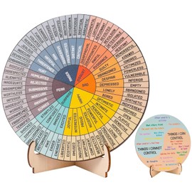 SOYANGNEK Feelings Wheel Therapy Office Decor 5.9" Diameter Double Sided Mental Health Emotions Chart with Stand Wooden Coping Wheel Chart Gifts for School, Therapy Office, 2025 Upgrade