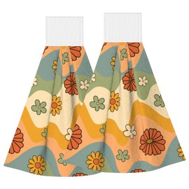 PDDCWAY Vintage Groovy Floral Hanging Kitchen Towels Boho Retro Daisy Hand Tie Towel Set of 2 Fast Drying Dish Tea Towels for Bathroom Toilet Gym Decor