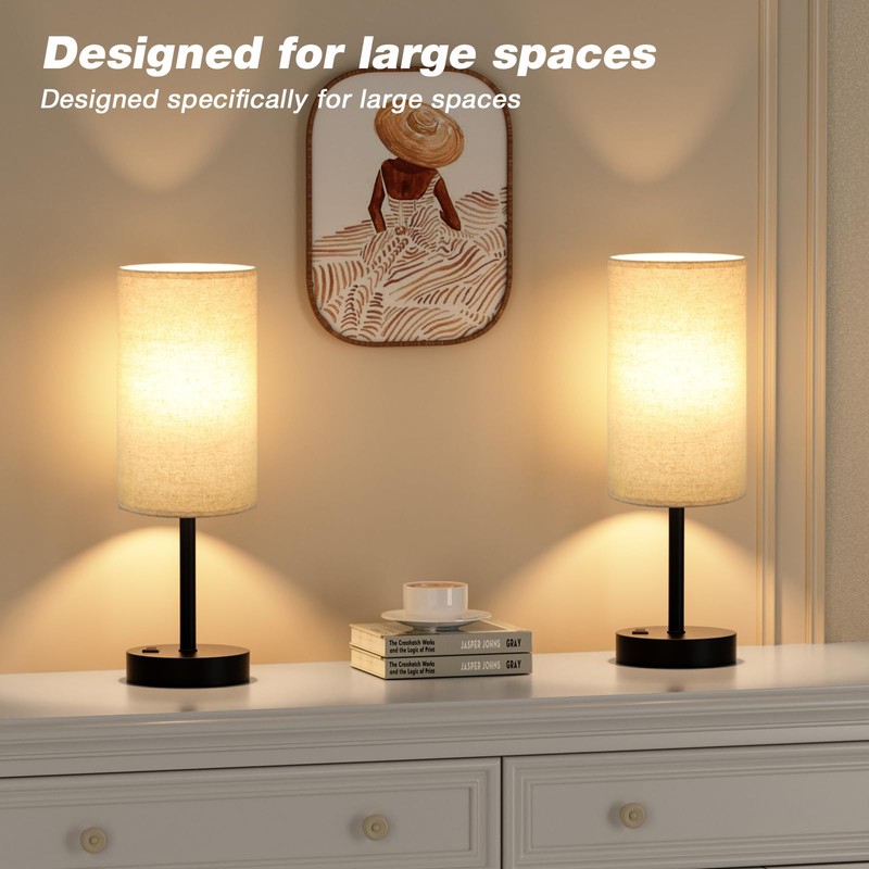 Fenmzee Touch Table Lamp - Beige, 3-Way Dimmable, USB A