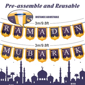 Eid Mubarak Ramadan Decorations Set, Eid Mubarak Banner for Home Hanging, Gold and Blue Ramadan Decoration Bunting Banners for Ramadan Party Holiday Home Decorations