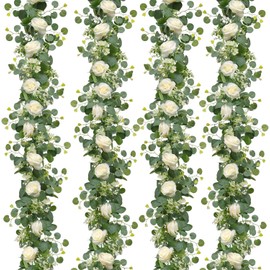 Dremisland Dremisland 2PCS/13 FT Silk Rose Garland Flower Artificial Eucalyptus Garland Fake White Rose Vine Gypsophila Greenery Hanging Plants for Wedding Table Wall Decor (White Rose, 4PCS / 24FT)