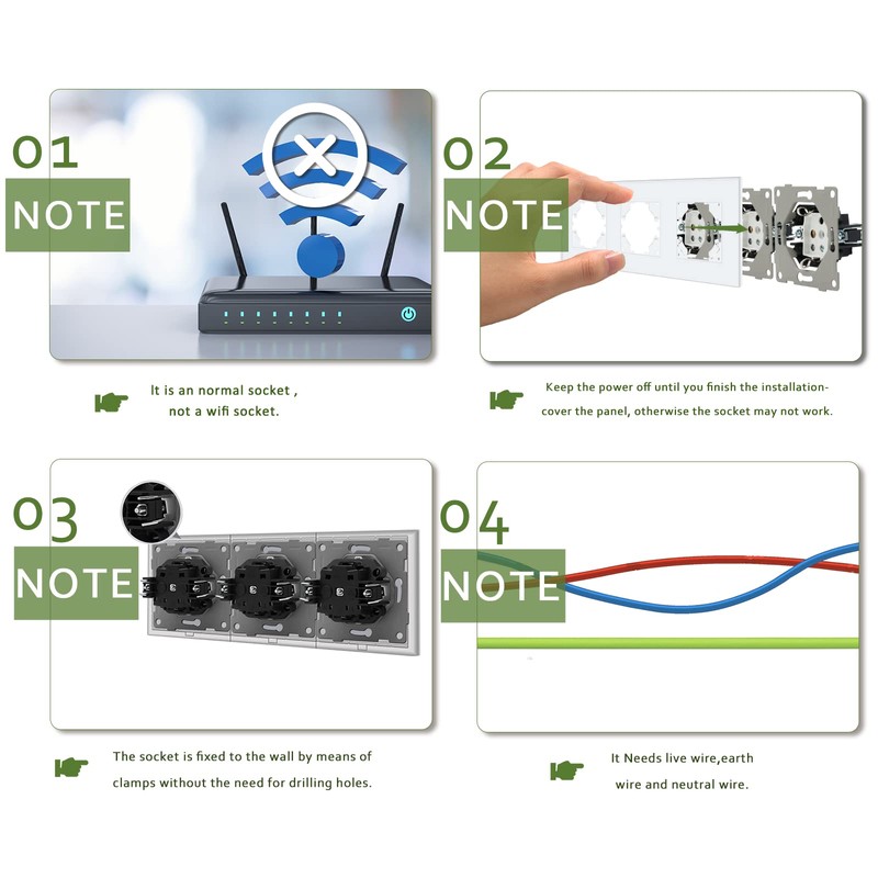 BSEED Schuko Socket, 3-Way, with Plug Terminal, Crystal Glass Plate,