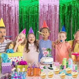 Pink and Green Foil Fringe Curtain Backdrop Decorations 3.3Ft x 6.6Ft Witch Metallic Tinsel Foil Streamers Curtain Photo Booth Background for Witch Wedding Girls Birthday Party Decorations