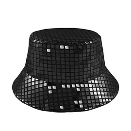 MILAKOO Party Bucket Hat Shiny Glitter Bucket Hat Bling Sparkly Holographic Hats Retro Party Cap for Men Women, C2:Sequin-Black