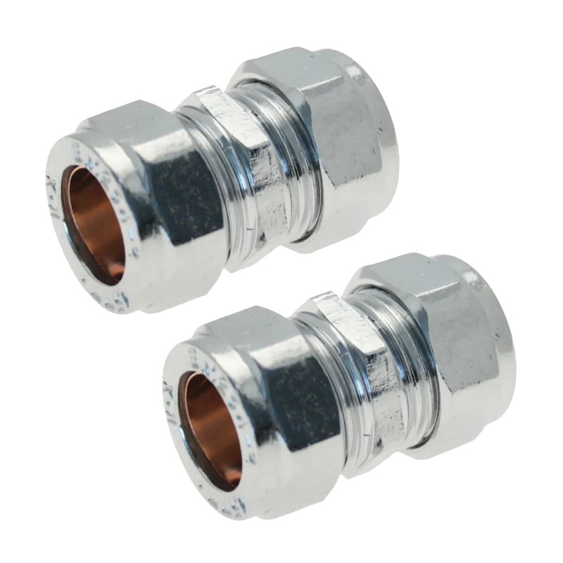 WRAS 15mm Chrome Plated Compression Straight Connectors 2 Pack BS