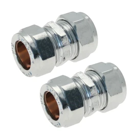 WRAS 15mm Chrome Plated Compression Straight Connectors 2 Pack BS EN 1254-2 Compliant Coupling Plumbing Fittings for Copper Pipe, Ideal for 15mm Copper Pipe Connections