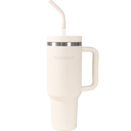 NebkDask 40 oz Water Bottle with Handle & Straw – Insulated Stainless Steel Bottle, Leakproof, Fits in Cup Holder – Reusable Cold Drink Thermos for Women & Men (off-White)
