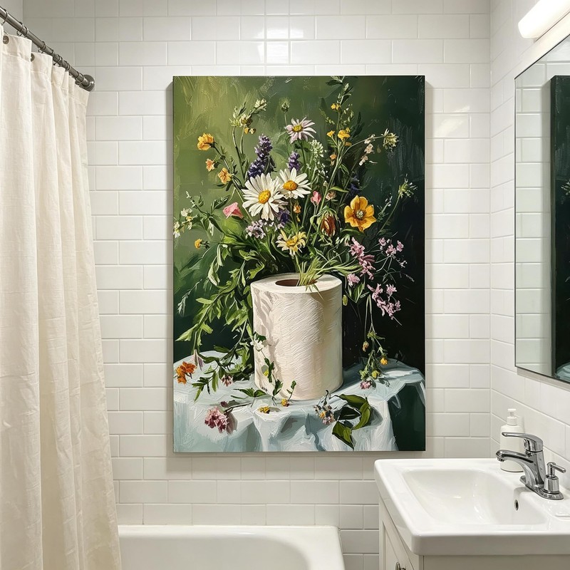 Funny Floral Toilet Paper Canvas Farmhouse Bathroom Framed Ready To