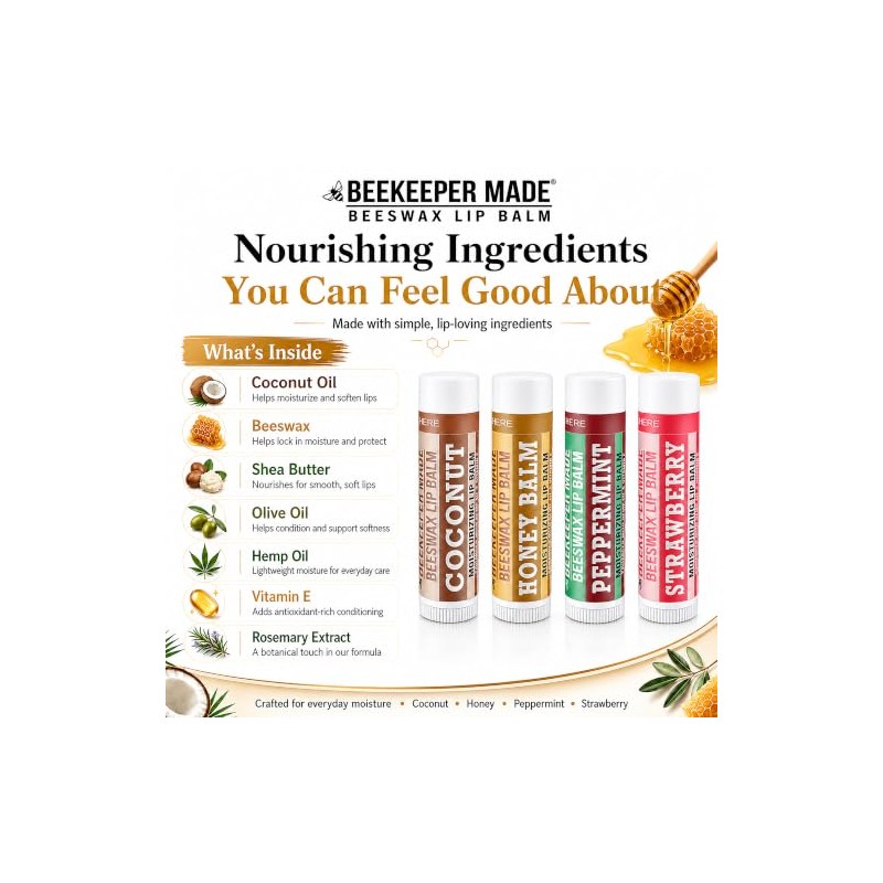 Beeswax Lip Balm 4 Pack | Honey, Peppermint, Coconut &