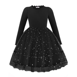 Arshiner Tutu Dress for Girls Long Sleeve Fall Winter Sweater Star Sequin Toddler Black Funeral Formal Dress