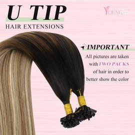 YoungSee U Tip Hair Extensions Human Hair Balayage U Tip Human Hair Extensions Ombre Dark Brown to Brown with Blonde U Tip Keratin Hair Extensions Human Hair Natural 18 Inch 50s/50g