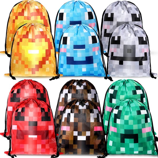 12 Pieces Pixel Mine Bags 10 x 8 Inches Pixel Miner Drawstring Bags Pixel Miner Party Supplies Pixel Style Candy Bags for Kids Teens Adults Video Gamer Birthday Party Favor Supplies